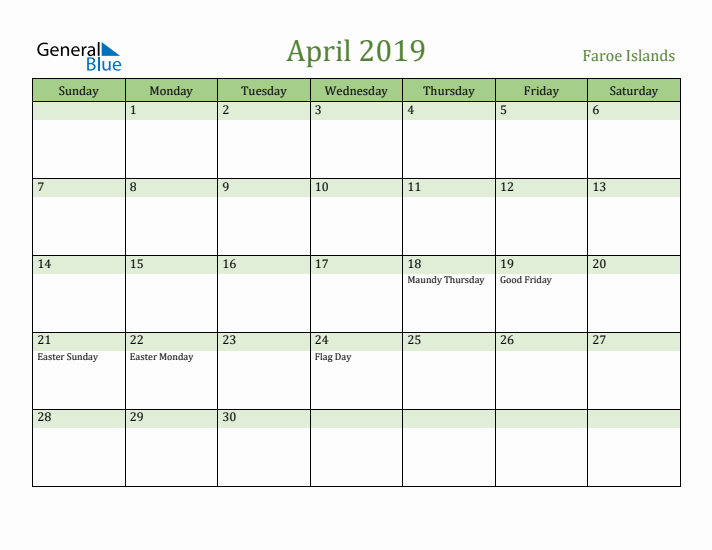 April 2019 Calendar with Faroe Islands Holidays