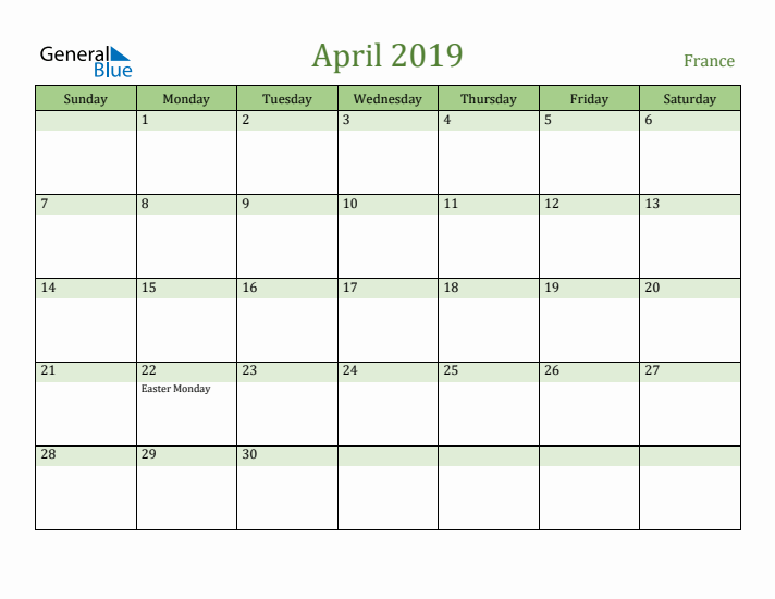 April 2019 Calendar with France Holidays