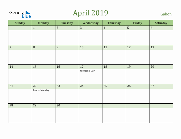 April 2019 Calendar with Gabon Holidays