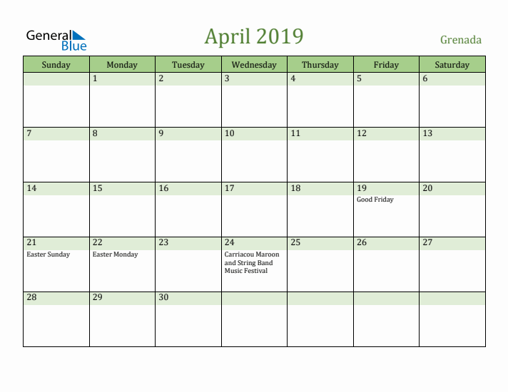 April 2019 Calendar with Grenada Holidays