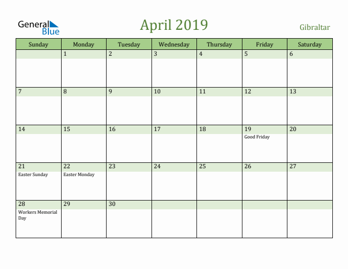 April 2019 Calendar with Gibraltar Holidays
