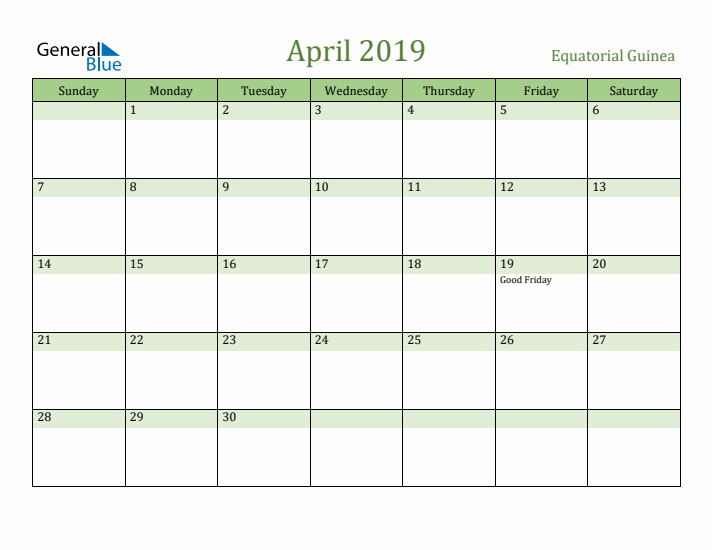 April 2019 Calendar with Equatorial Guinea Holidays