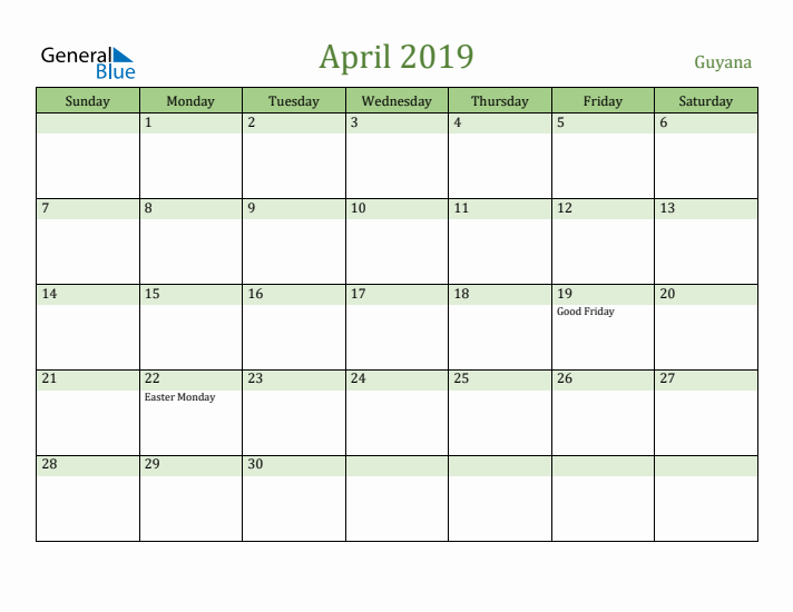 April 2019 Calendar with Guyana Holidays