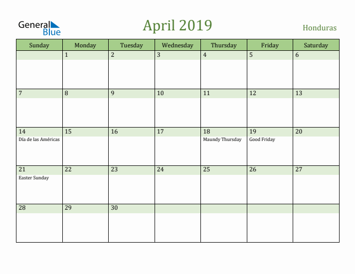 April 2019 Calendar with Honduras Holidays