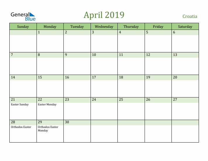 April 2019 Calendar with Croatia Holidays
