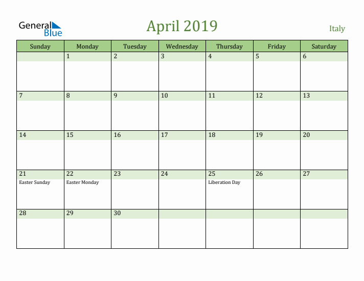 April 2019 Calendar with Italy Holidays