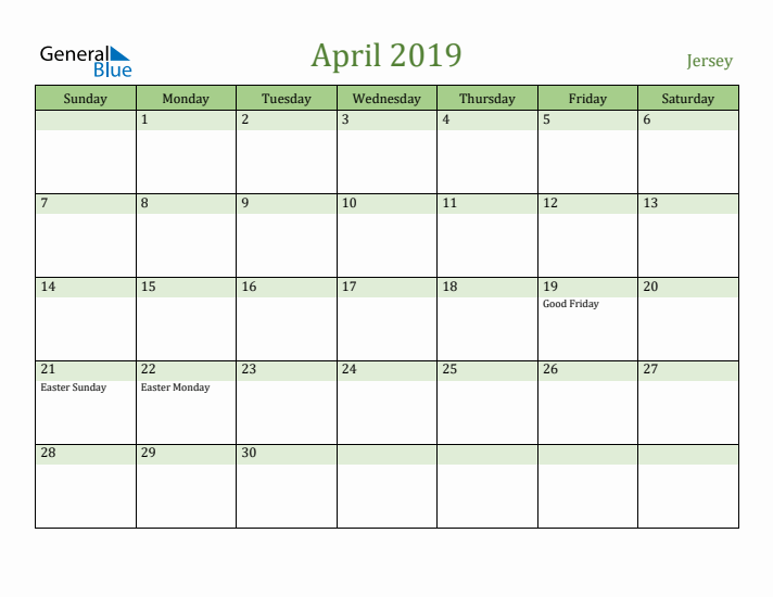April 2019 Calendar with Jersey Holidays