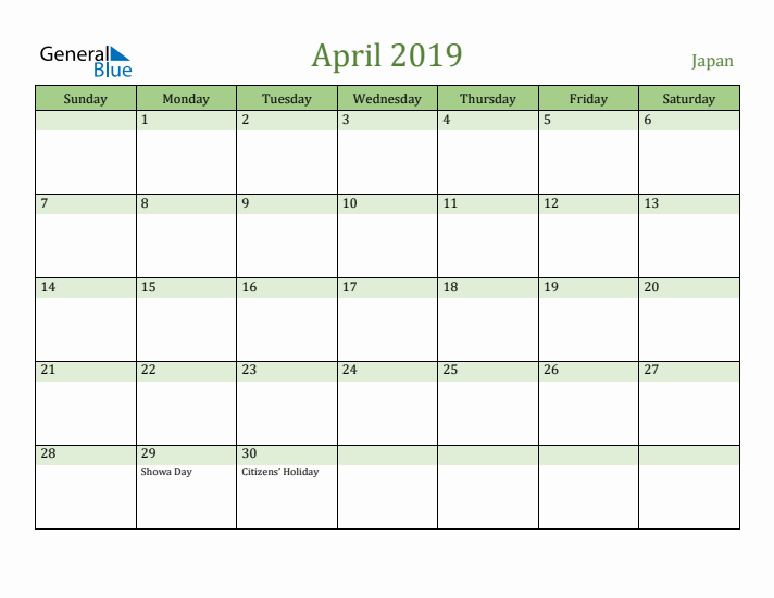 April 2019 Calendar with Japan Holidays