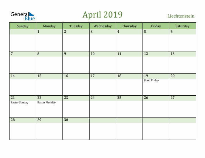 April 2019 Calendar with Liechtenstein Holidays