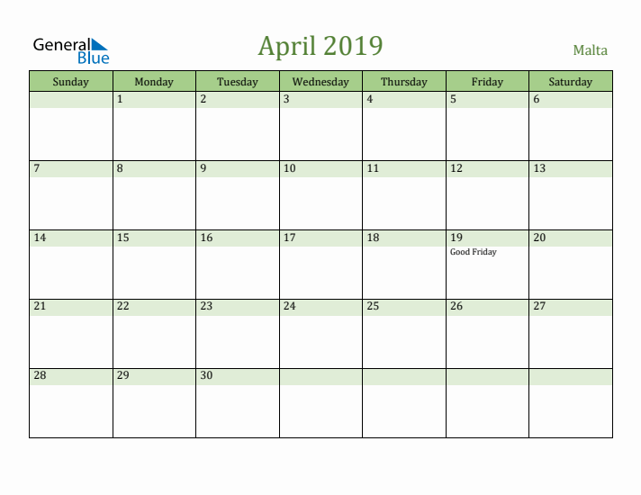 April 2019 Calendar with Malta Holidays