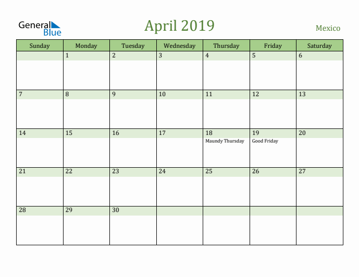 April 2019 Calendar with Mexico Holidays