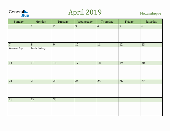 April 2019 Calendar with Mozambique Holidays
