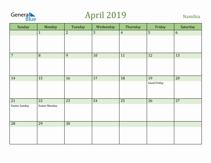 April 2019 Calendar with Namibia Holidays