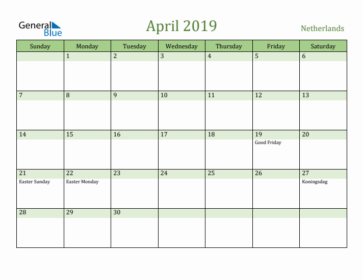 April 2019 Calendar with The Netherlands Holidays