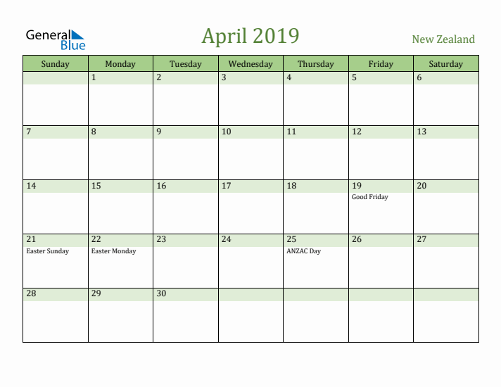 April 2019 Calendar with New Zealand Holidays