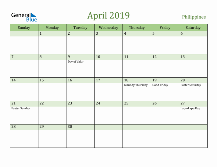 April 2019 Calendar with Philippines Holidays