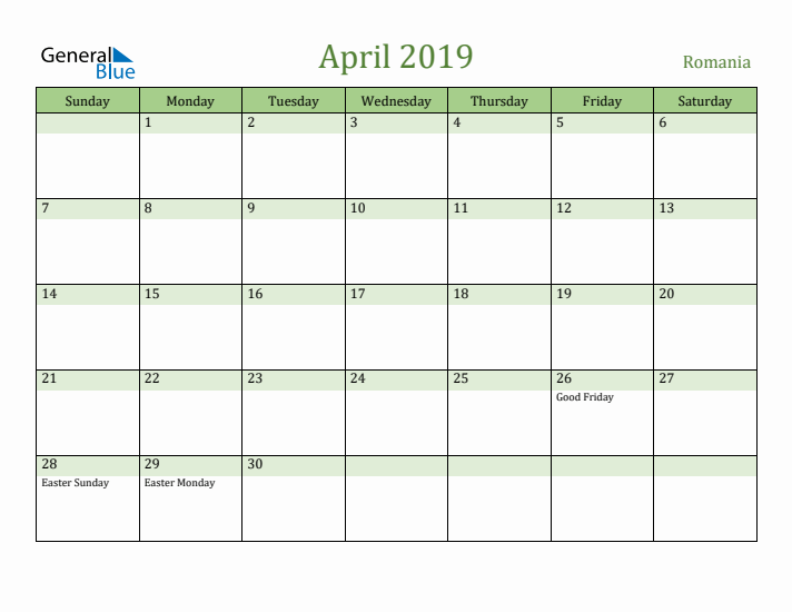 April 2019 Calendar with Romania Holidays
