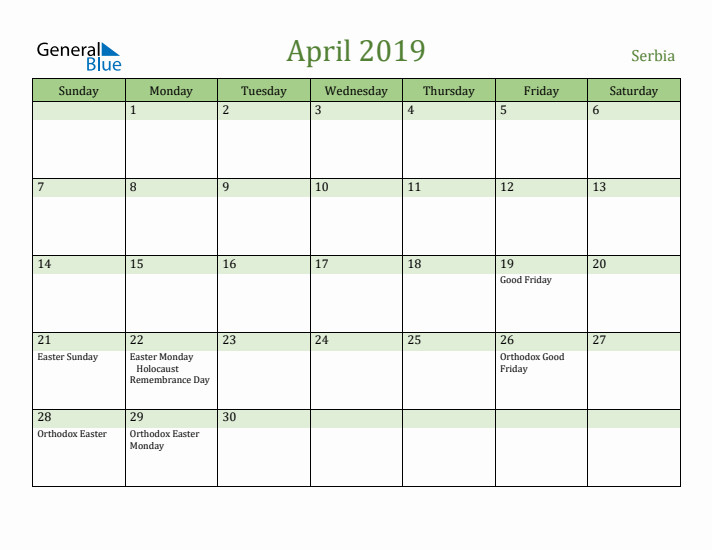 April 2019 Calendar with Serbia Holidays