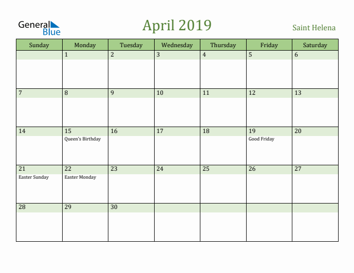 April 2019 Calendar with Saint Helena Holidays
