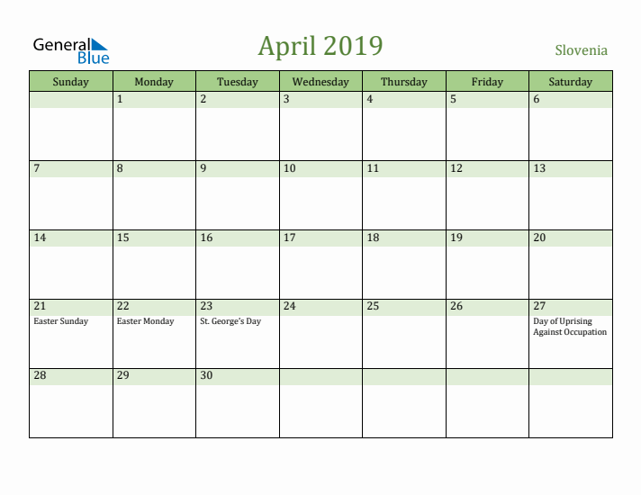 April 2019 Calendar with Slovenia Holidays