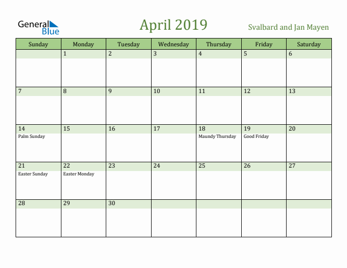 April 2019 Calendar with Svalbard and Jan Mayen Holidays