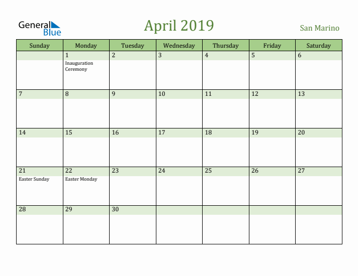 April 2019 Calendar with San Marino Holidays