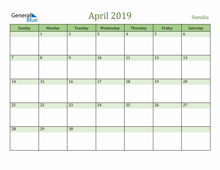 April 2019 Calendar with Somalia Holidays