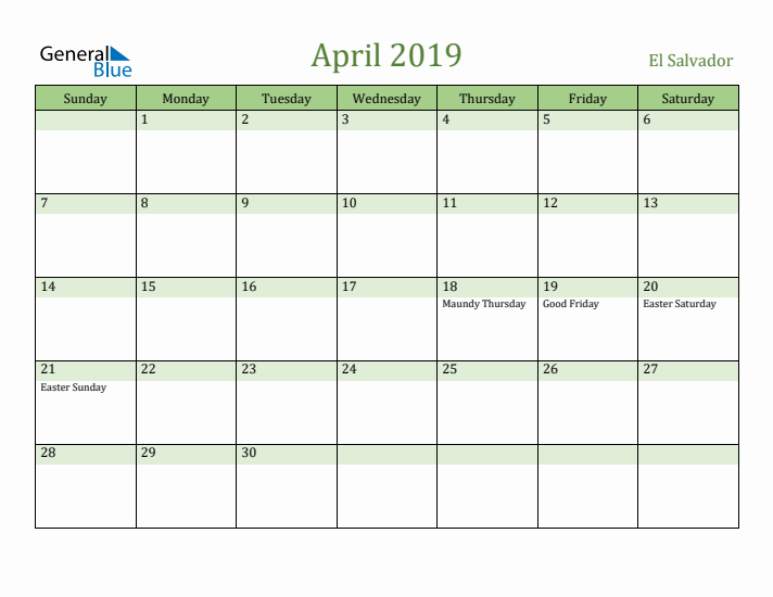 April 2019 Calendar with El Salvador Holidays