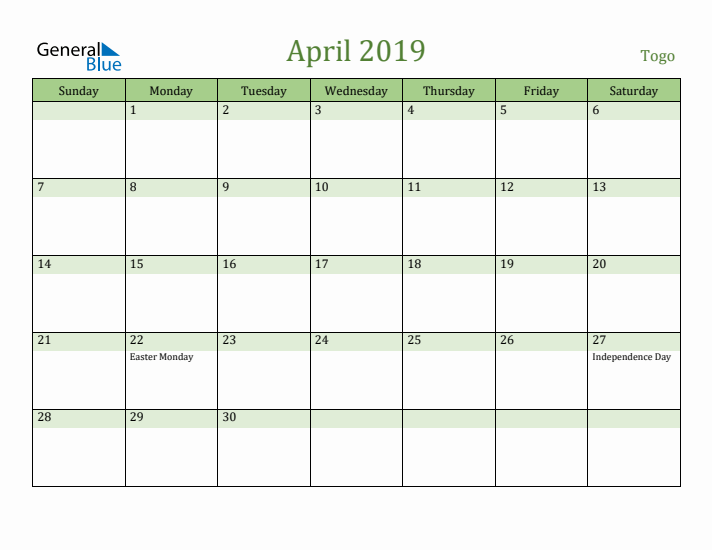 April 2019 Calendar with Togo Holidays