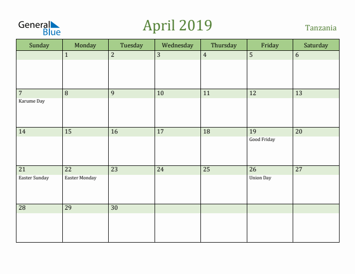 April 2019 Calendar with Tanzania Holidays