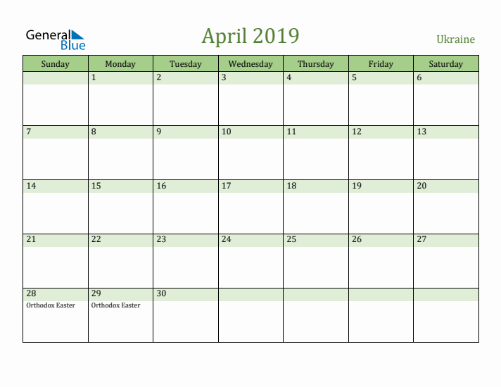 April 2019 Calendar with Ukraine Holidays