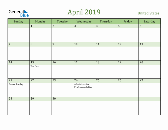 April 2019 Calendar with United States Holidays