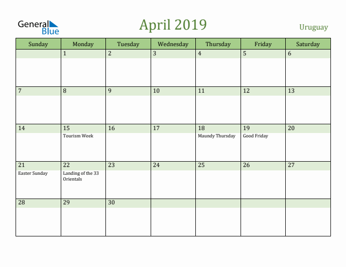 April 2019 Calendar with Uruguay Holidays