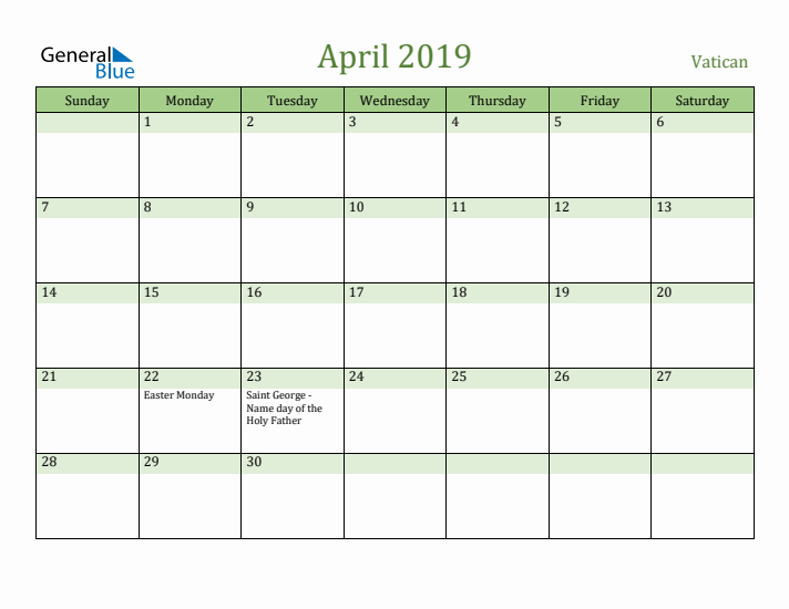 April 2019 Calendar with Vatican Holidays