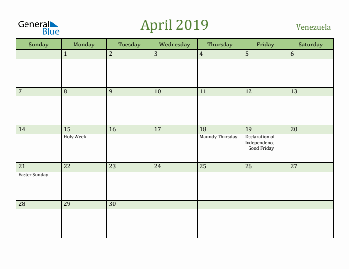 April 2019 Calendar with Venezuela Holidays