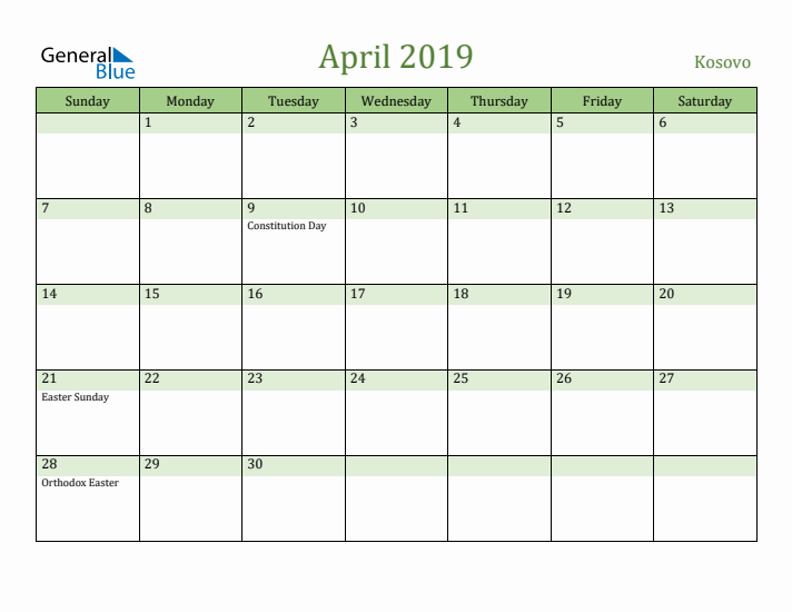 April 2019 Calendar with Kosovo Holidays