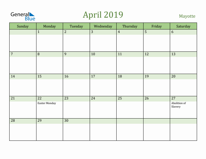 April 2019 Calendar with Mayotte Holidays