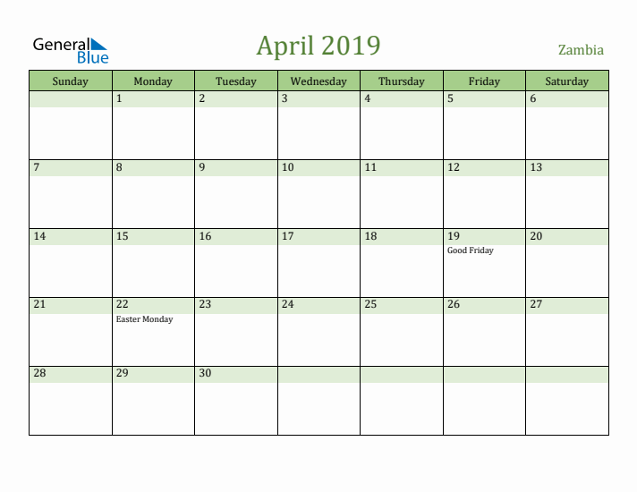 April 2019 Calendar with Zambia Holidays