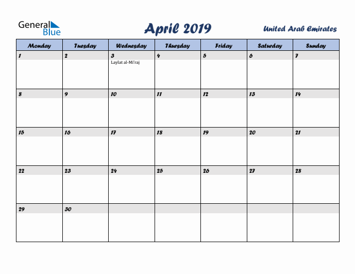 April 2019 Calendar with Holidays in United Arab Emirates