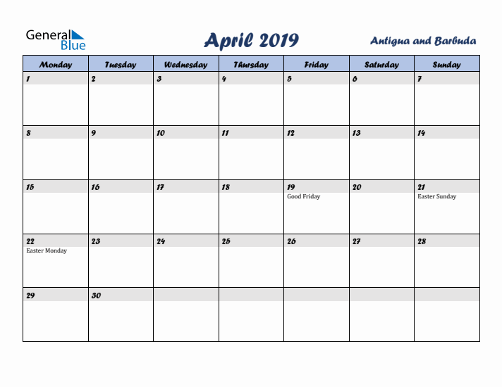 April 2019 Calendar with Holidays in Antigua and Barbuda