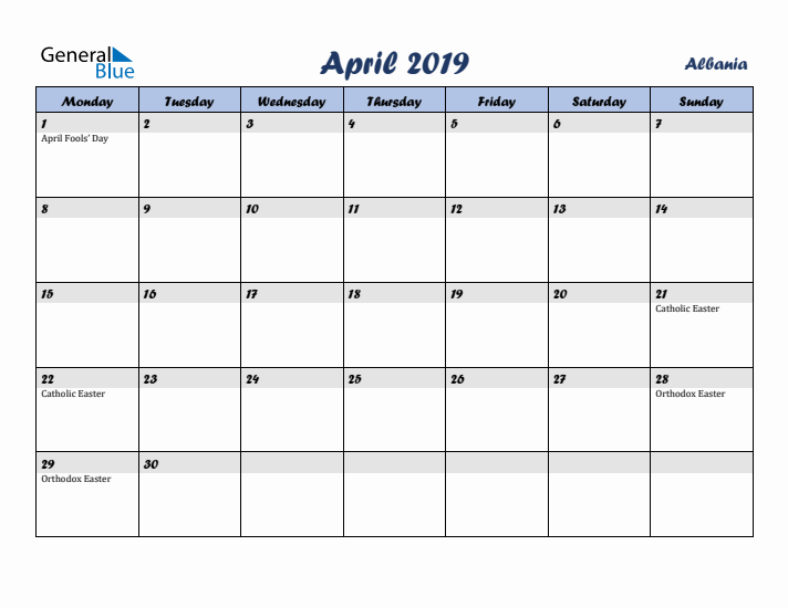 April 2019 Calendar with Holidays in Albania