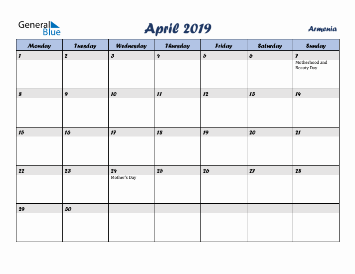 April 2019 Calendar with Holidays in Armenia