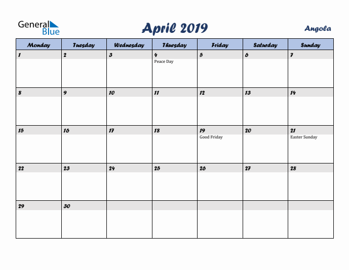April 2019 Calendar with Holidays in Angola