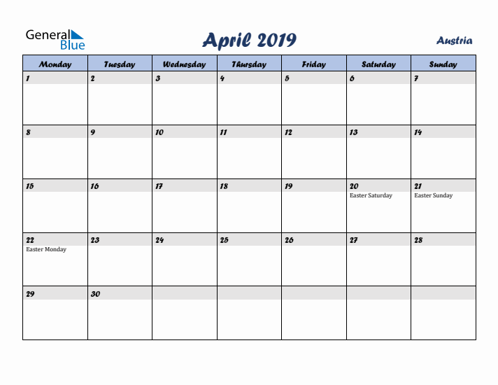 April 2019 Calendar with Holidays in Austria