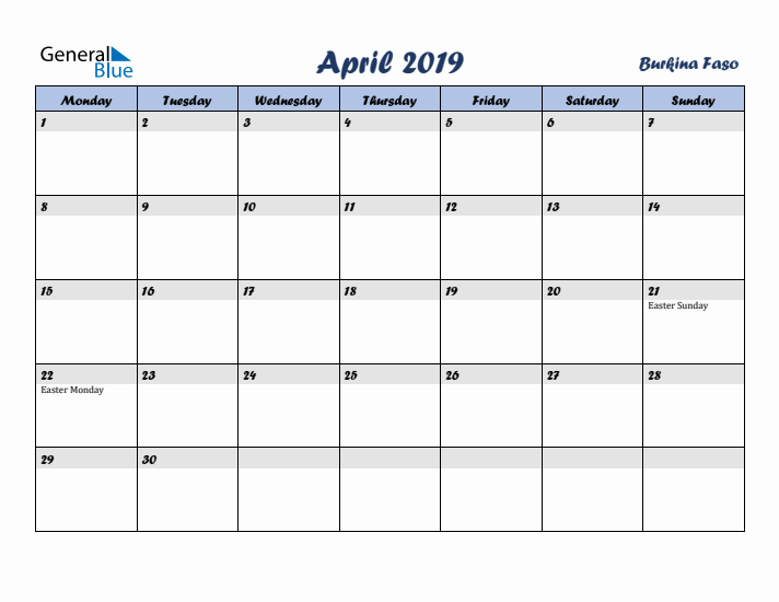 April 2019 Calendar with Holidays in Burkina Faso