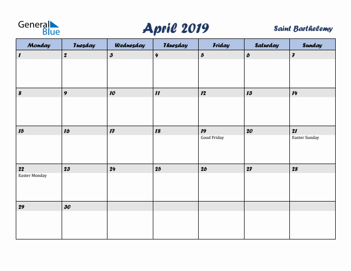 April 2019 Calendar with Holidays in Saint Barthelemy