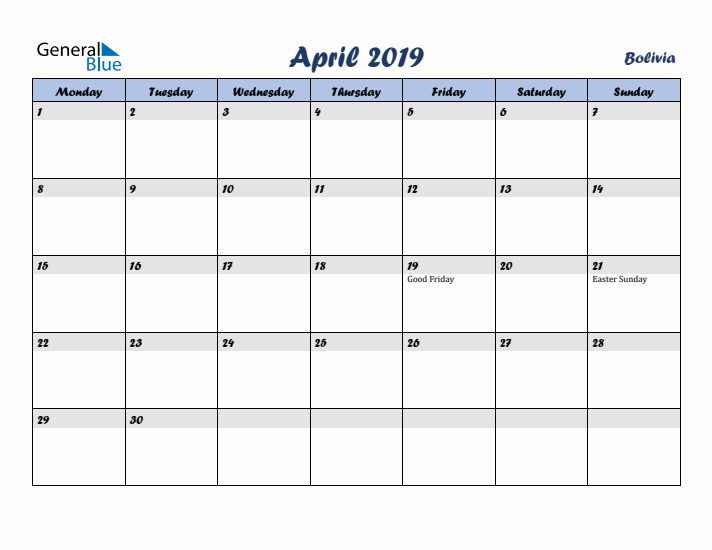 April 2019 Calendar with Holidays in Bolivia