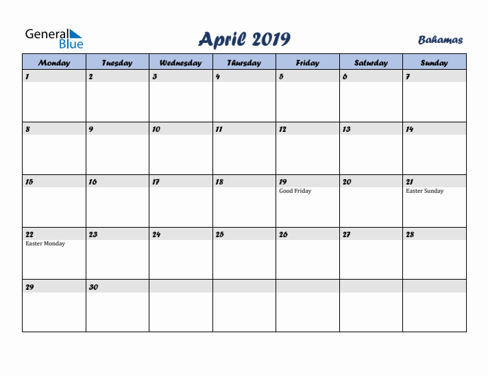 April 2019 Calendar with Holidays in Bahamas