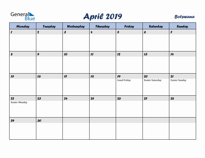April 2019 Calendar with Holidays in Botswana