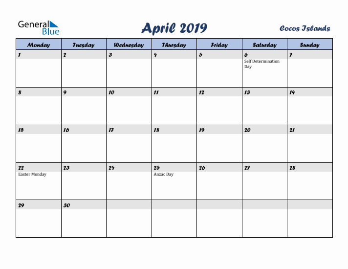April 2019 Calendar with Holidays in Cocos Islands